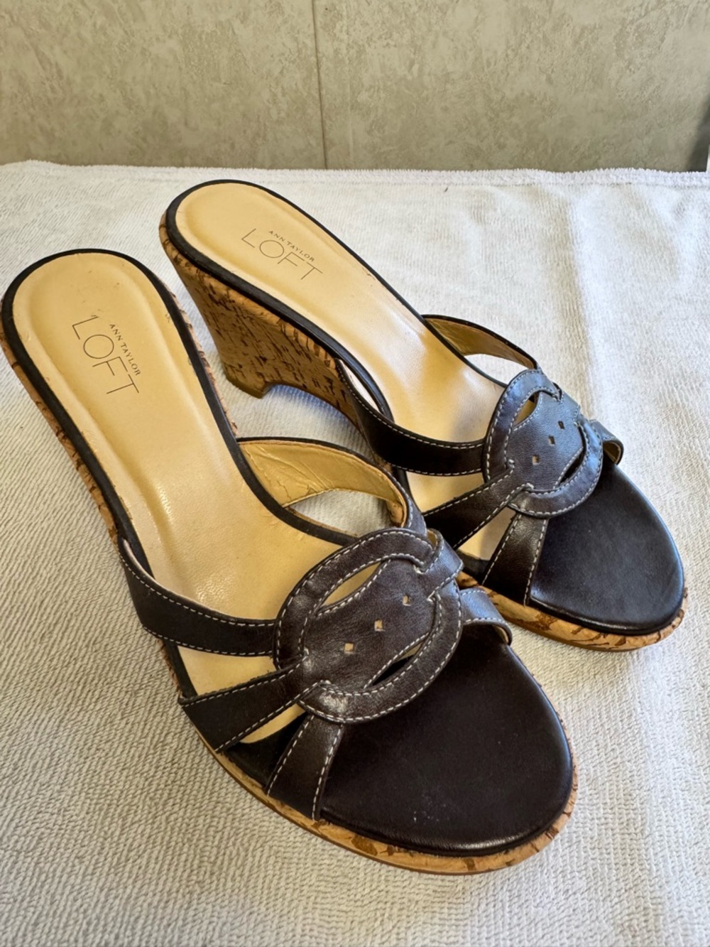 Ann Taylor LOFT Black Leather Cork Wedge Slide Sandals